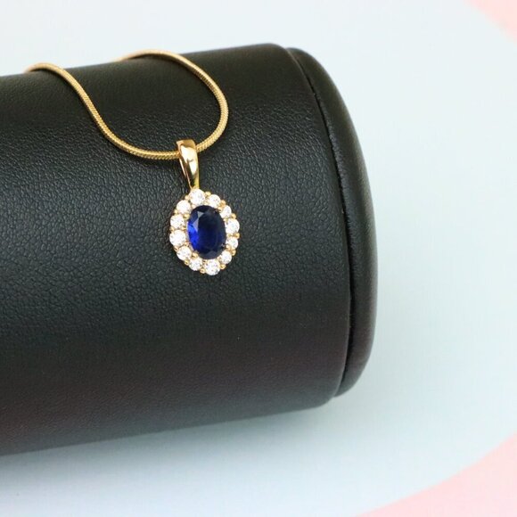"Royal Blue Oval Pendant with Halo in Gold-Plated Brass Setting, XPPT1815 - Picture 12 of 13